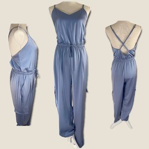 Satin Blue Pant Jumpsuit - Stretchy - Size L